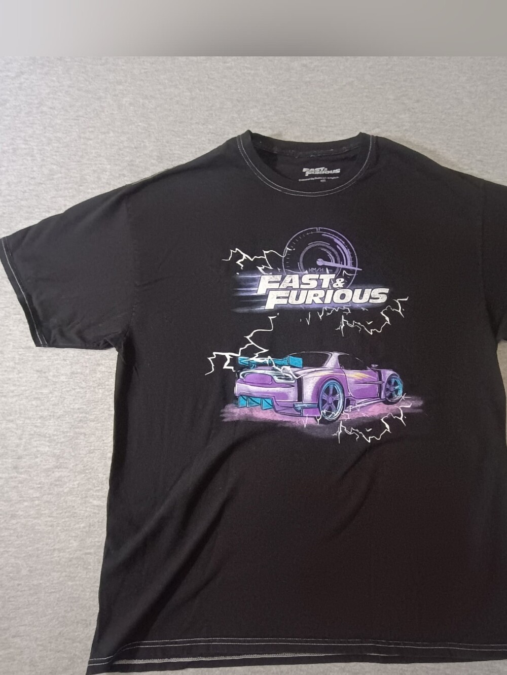 Fast & Furious Men’s Size L Black Graphic Tee with Purple Car Print